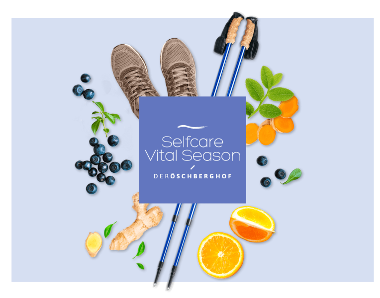 Selfcare Vital Season surrounded by walking sticks, hiking boots and blueberries