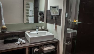 sink in a dark tiled bathroom in the black forest
