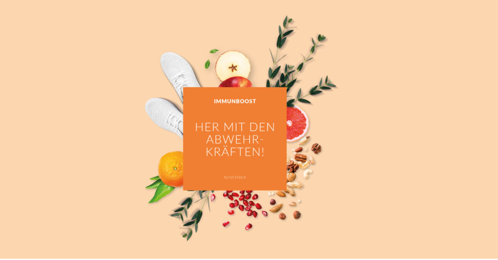 Verschiedene Immunbooster, wie Äpfel, Nüsse und Orangen vor orangefarbenem Hintergrund